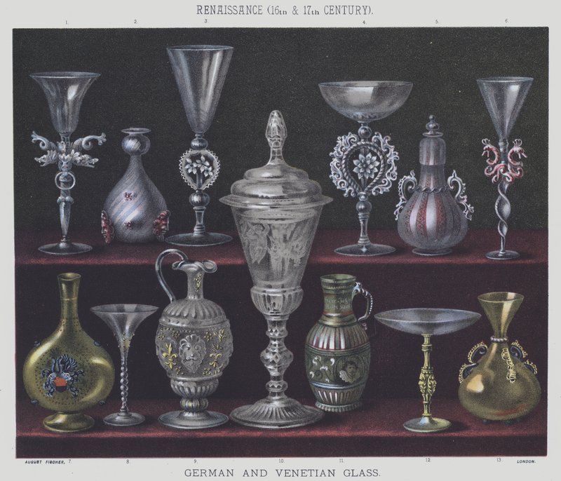 Renascimento, séculos XVI e XVII, vidro alemão e veneziano de English School