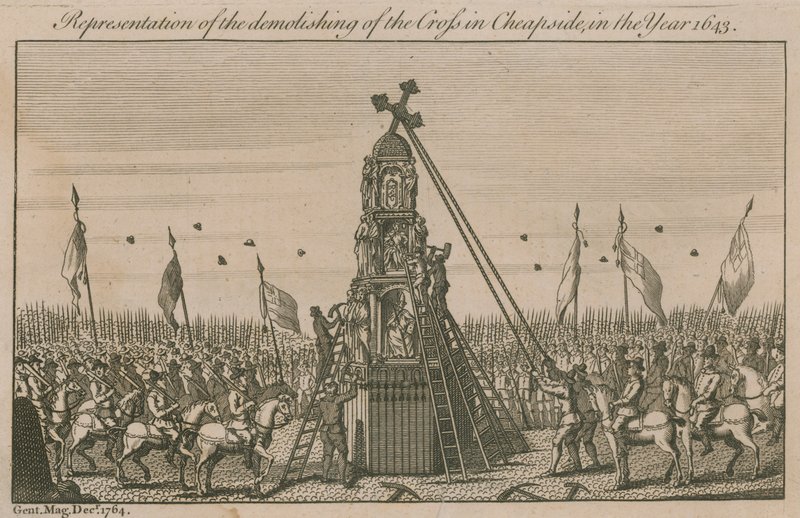 Representação da demolição da cruz em Cheapside no ano de 1643 de English School
