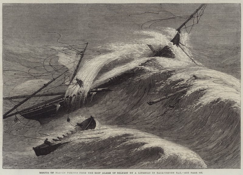 Resgate de Onze Pessoas do Alarme do Navio de Belfast por um Bote salva-vidas na Baía de Ballycotton (gravura) de English School