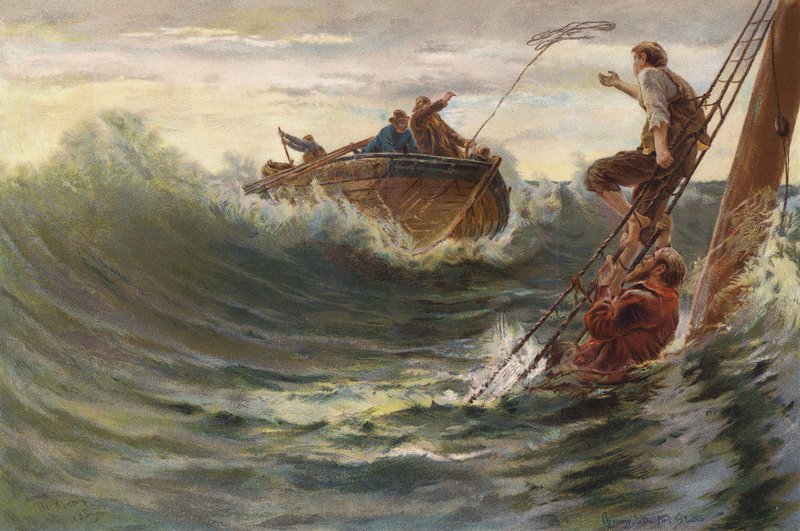 Resgate de homens que sobreviveram a um naufrágio (chromolitho) de English School