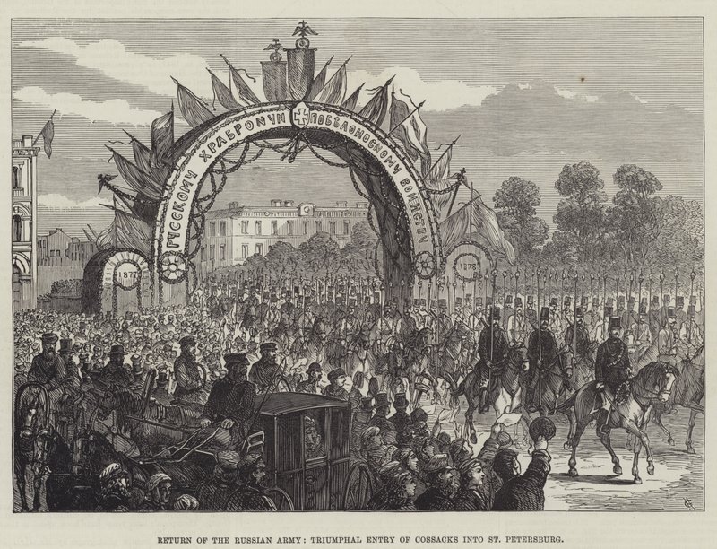 Regresso do Exército Russo, Entrada Triunfal de Cossacos em São Petersburgo (gravura) de English School