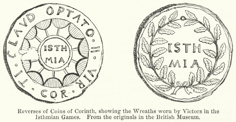 Inversões de Moedas de Corinto, mostrando as Grinaldas usadas pelos Vencedores nos Jogos Istmianos (gravura) de English School
