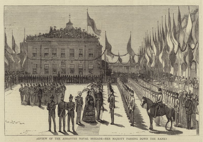 Revisão da Brigada Naval Ashantee, Sua Majestade passando pelos Ranks (gravura) de English School