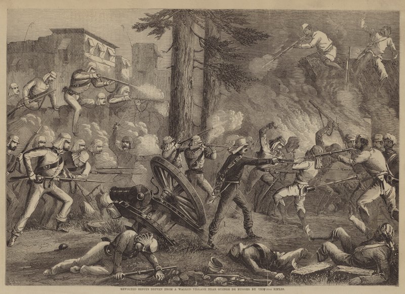 Sepoys revoltosos, conduzidos de uma vila murada perto de Guznee de Nugger, pelas 60as Fuzis (gravura) de English School