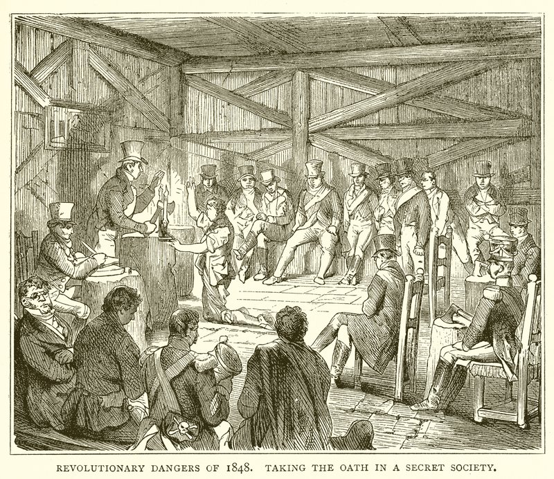 Perigos revolucionários de 1848. Fazendo o juramento em uma sociedade secreta de English School