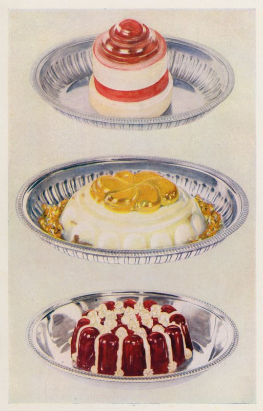 Geleia de fita; Pudim de Vénus; Geleia de vinho e creme (litografia a cores) de English School