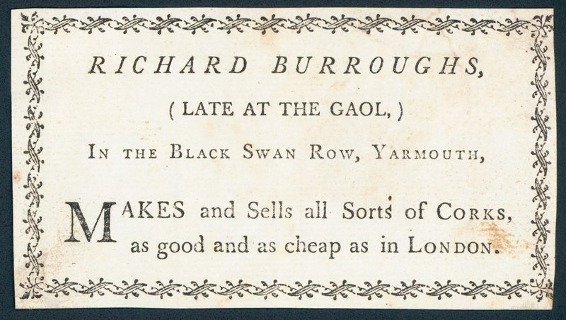 Richard Burroughs, fabricante e vendedor de rolhas, cartão comercial de English School