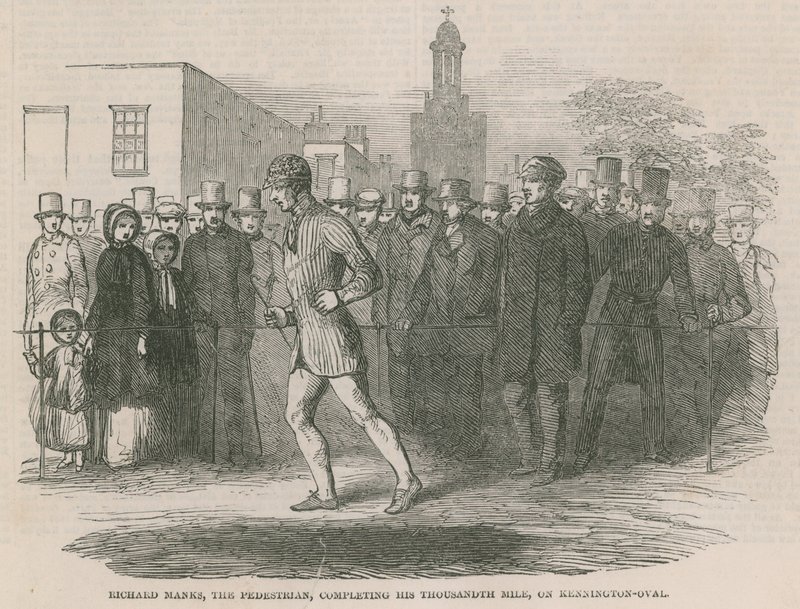 Richard Manks, o pedestre, completando sua milha milionária em Kennington Oval de English School
