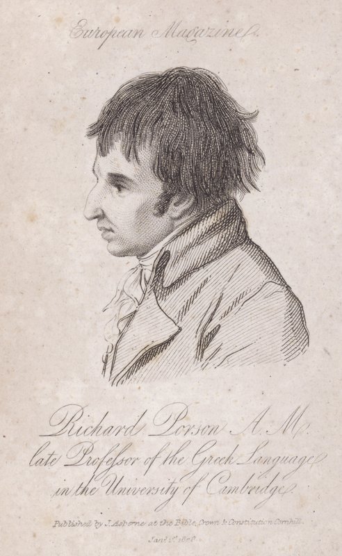 Richard Porson, estudioso de inglês, professor de grego no Trinity College, Cambridge (gravura) de English School