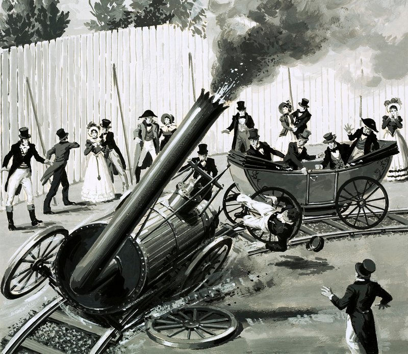 Richard Trevithick construiu um pequeno trem circular em Londres para apresentar as pessoas às viagens de trem (guache no papel) de English School