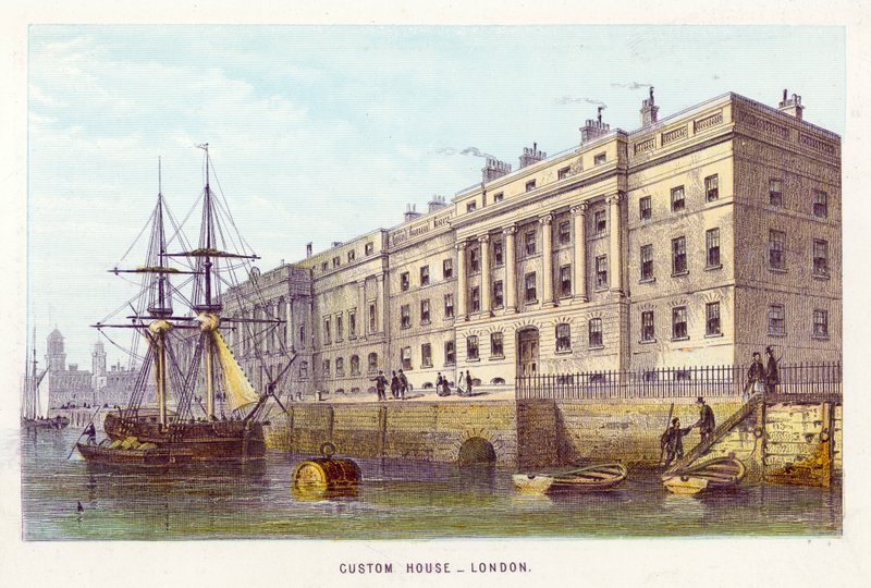 Rio Tamisa: Custom House, Londres (gravura colorida) de English School
