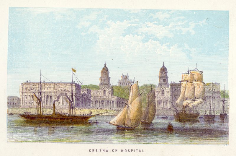Rio Tamisa: Greenwich Hospital (gravura colorida) de English School