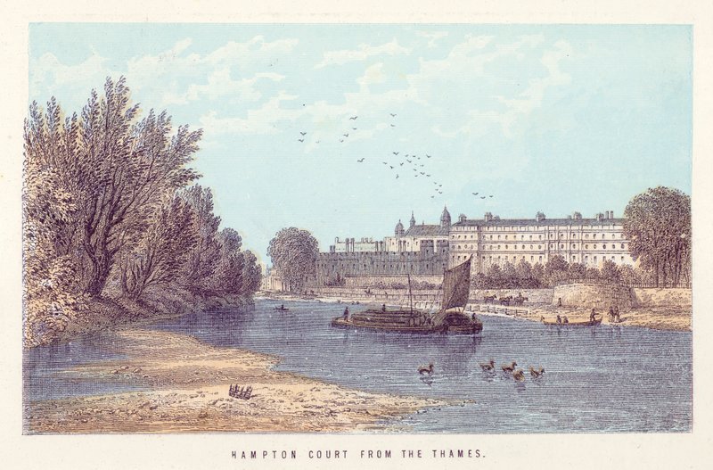 Rio Tamisa: Hampton Court from the Thames (gravura colorida) de English School