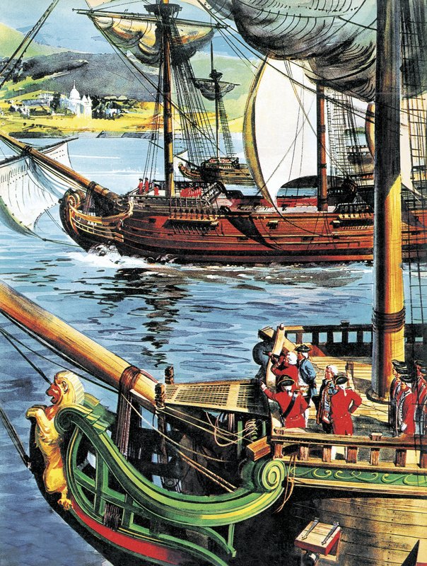 Robert Clive navega pela Baía de Bengala até a foz do rio Ganges de English School