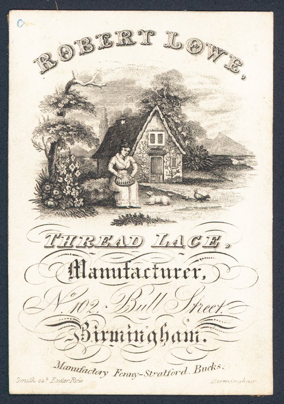 Robert Lowe, fabricante de rendas de fio, cartão comercial de English School