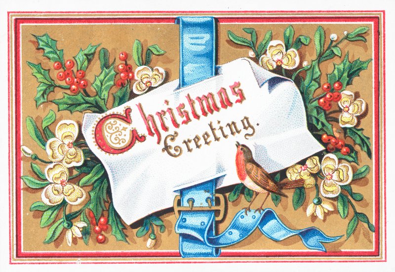 Robin com mensagem e flores, cartão de Natal de English School