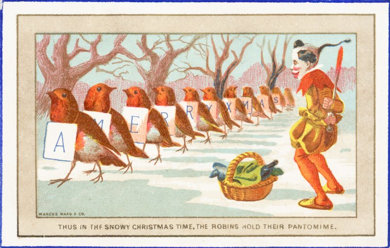 Robins e palhaço na neve, cartão de Natal de English School