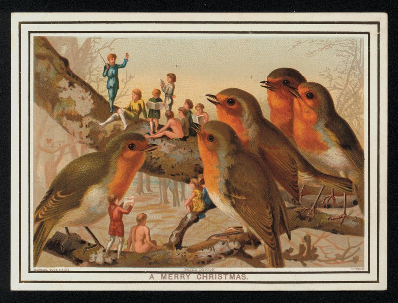 Robins e um grupo de artistas, cartão de felicitações de Natal. (cromolitho) de English School