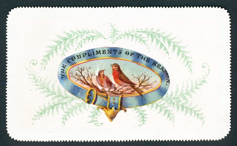 Robins sentado em oval com bordadura de samambaia, cartão de Natal de English School