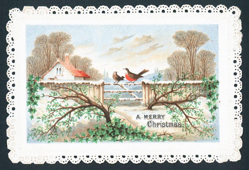 Robins sentado no portão, cartão de Natal de English School