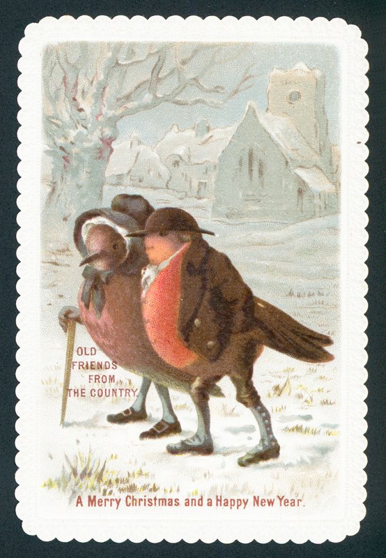 Robins vestindo roupas, cartão de Natal de English School