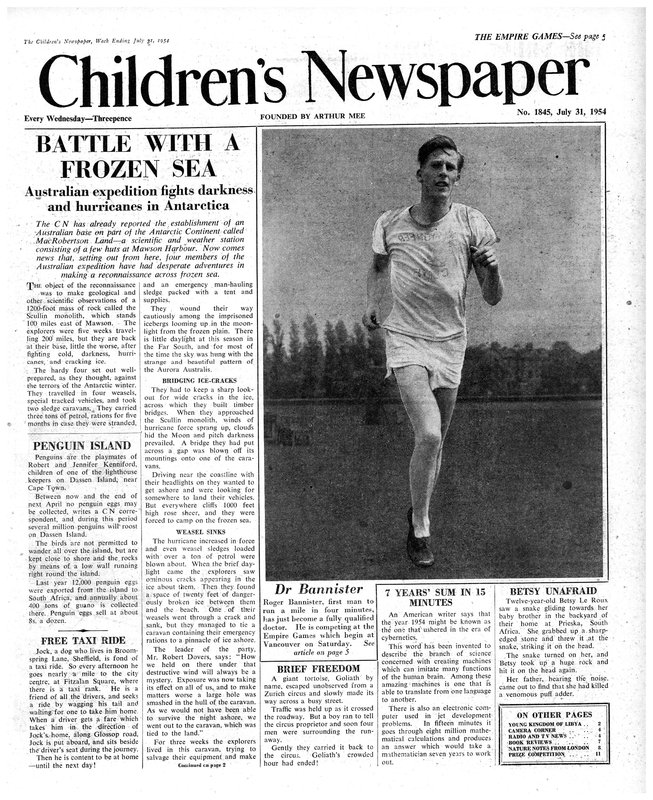 Roger Bannister, primeira página de &39;The Children&39;s Newspaper&39;, 1954 (papel de jornal) de English School