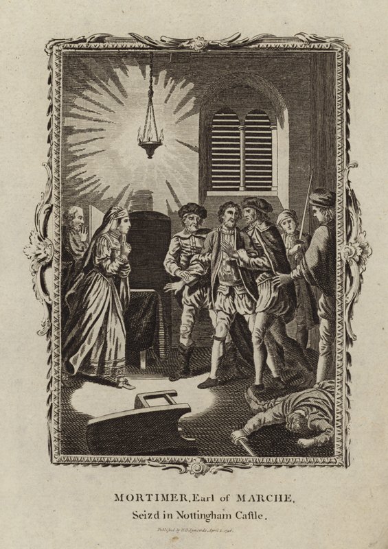 Roger Mortimer apreendido no Castelo de Nottingham de English School