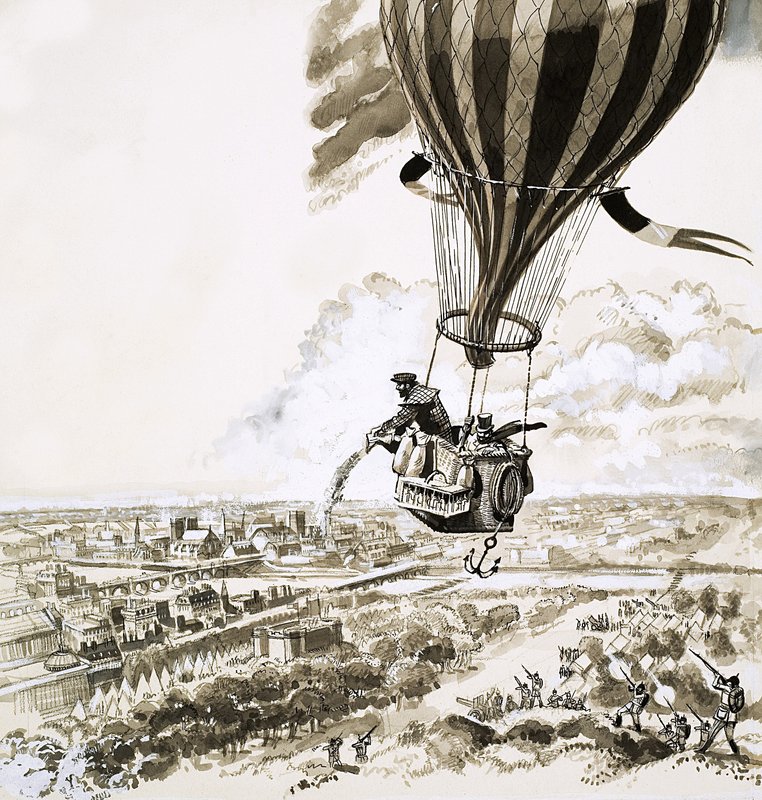 Rolier e Bezier foram enviados com uma mensagem de balão durante a Primeira Guerra Mundial de English School