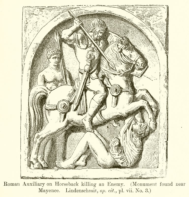 Auxiliar romano a cavalo matando um inimigo. (Monumento encontrado perto de Mayence. Lindenschmit, op. Cit., Vii. No. 3) de English School