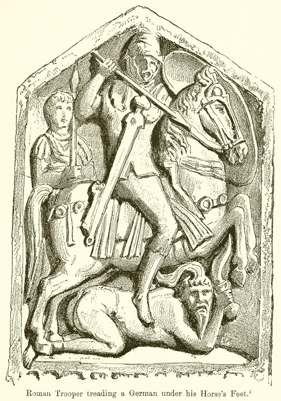 Roman Trooper pisando um alemão sob seus pés de cavalos de English School