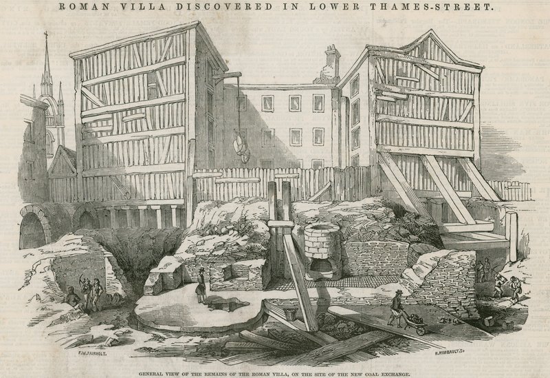 Villa Romana descoberta em Lower Thames Street, Londres: Vista geral dos restos da Villa Romana no site da nova Coal Exchange de English School