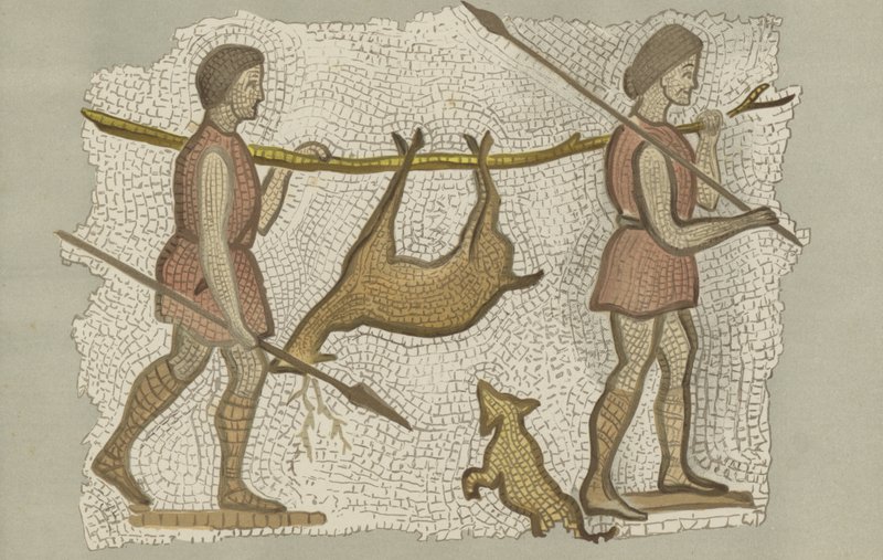 mosaico romano, mostrando dois homens carregando um veado (cor litho) de English School