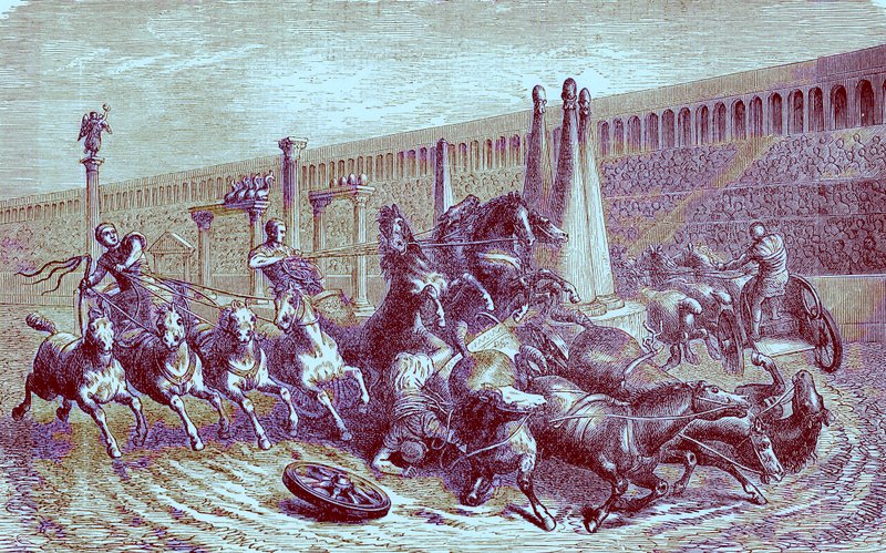 Jogos públicos romanos sob o império - a corrida de carros no circo, ilustração de A História Ilustrada do Mundo, publicada em 1880 (imagem digitalmente aprimorada) de English School