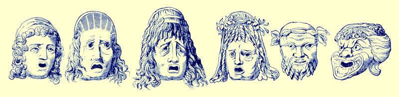 Máscaras teatrais romanas, ilustração de Cassells Illustrated Universal History, de Edward Ollier, publicada em 1890 (imagem digitalmente aprimorada) de English School