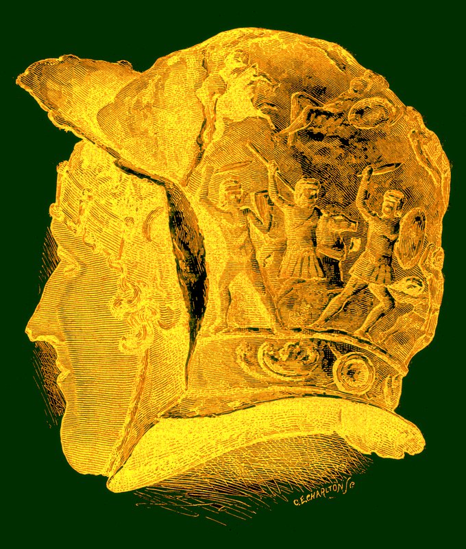 Capacete votiva romana, ilustração de História Universal Ilustrada por Cassell Edward Ollier, gravada por CE Charlton, publicada em 1890 (imagem digitalmente aprimorada) de English School
