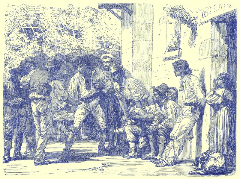 Romanos tocando em Mora, ilustração da Illustrated Travels, editada por HW Bates, publicada em 1880 (imagem digitalmente aprimorada) de English School