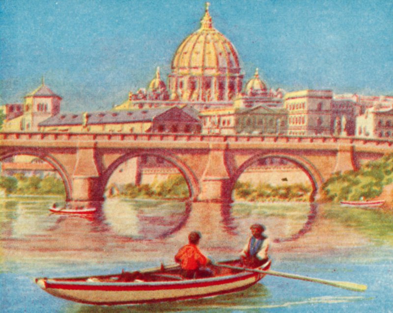 Roma, São Pedro a partir do Tibre (litografia a cores) de English School