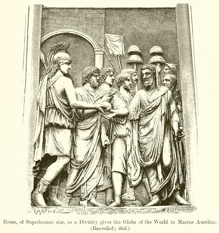 Roma, de Tamanho Sobre-Humano, como uma Divindade, dá o Globo do Mundo a Marco Aurélio. (Baixo-relevo; ibid) de English School