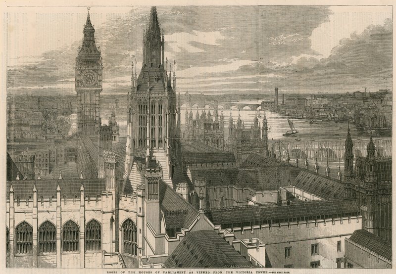 Telhados das casas do Parlamento como visto da torre de Victoria de English School