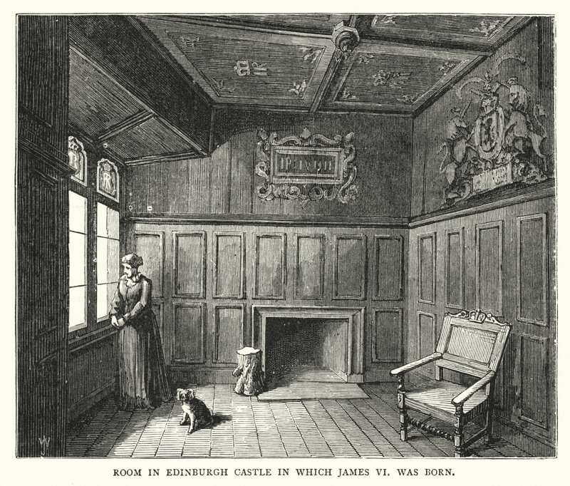 Quarto no Castelo de Edimburgo no qual nasceu James VI (gravura) de English School