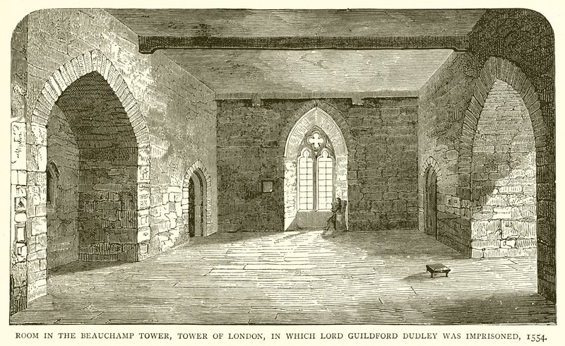 Sala na Torre de Beauchamp, Torre de Londres, na qual Lord Guildford Dudley foi aprisionado, 1554 de English School