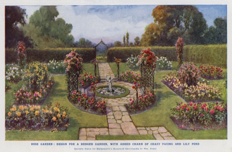Jardim de rosas, projeto para um jardim com sebes, com o encanto adicional de um pavimento empedrado e um lago de lírios (litografia a cores) de English School