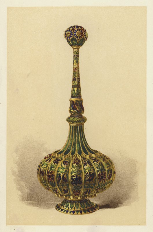 Garrafa de água de rosas, ou aspersor, em prata dourada e esmaltada (cromolitho) de English School