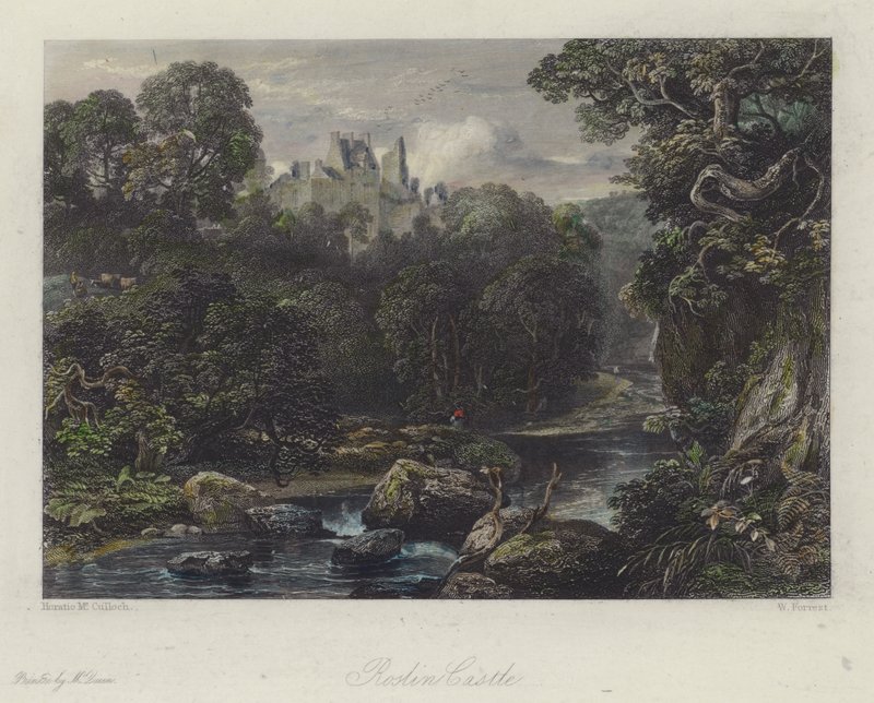 Castelo de Roslin, Escócia (gravura colorida) de English School