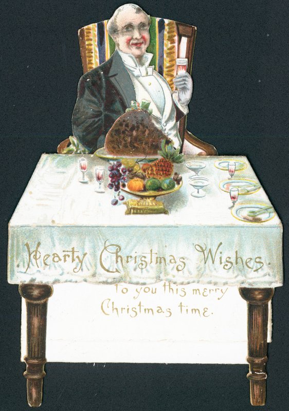 Homem de Rotund na mesa, cartão de Natal de English School