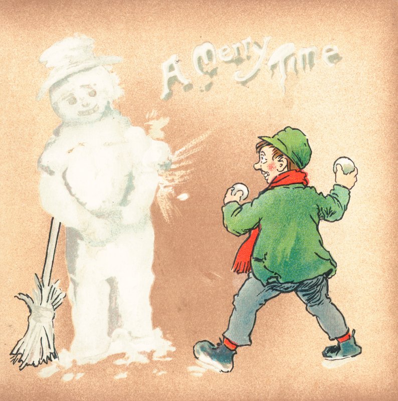Bolas de neve jogando do menino áspero no boneco de neve, cartão de Natal de English School