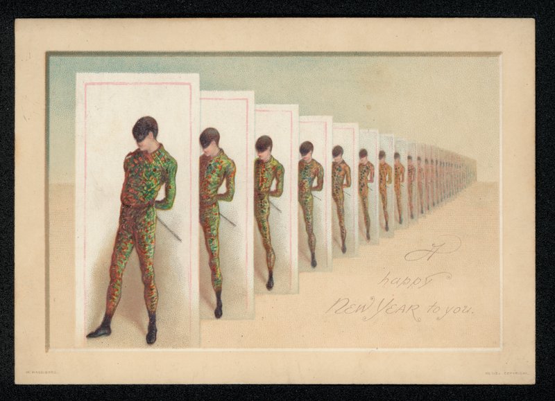 Fila de cartões com a imagem de um homem mascarado, cartão de saudação de Ano Novo (chromolitho) de English School