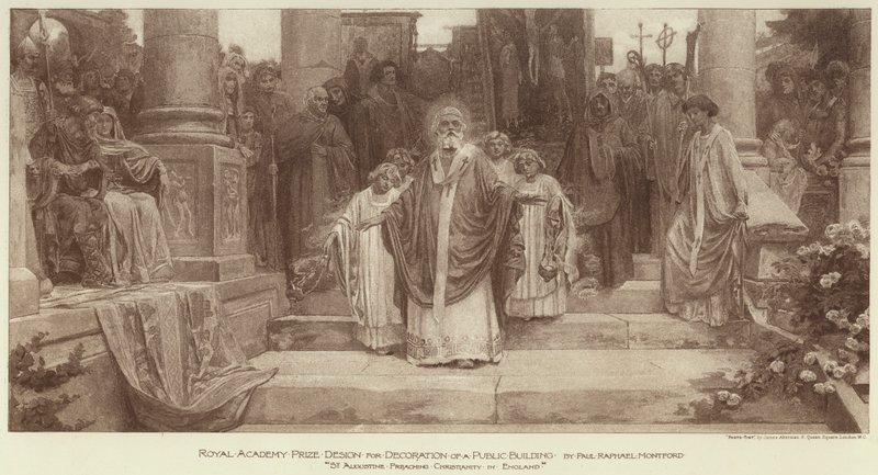 Prêmio Royal Academy Prize Design para Decoração de um Edifício Público, "Santo Agostinho Pregando o Cristianismo na Inglaterra" (gravura) de English School
