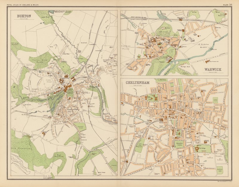 Royal Atlas, c 1900: Buxton; Warwick; Cheltenham (cor litho) de English School