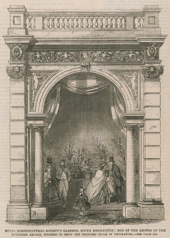 Jardins da Royal Horticultural Societys, South Kensington: um dos arcos da arcada norte de English School